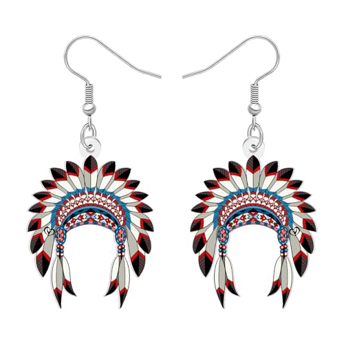 NEWEI Acryl Lustige Native American Kopfschmuck Ohrringe Hängend Vintage Amerikanisch Indisch Stil Einzigartig Feder Design Traditionelle Kultur Schmuck Geschenke für Damen Mädchen Charms (Braun) von NEWEI