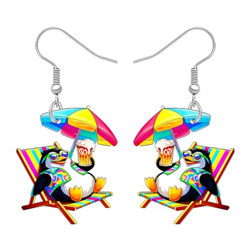 NEWEI Acryl Lustige Strand Pinguin Ohrringe Hängend Cute Hawaii Einzigartige Bier und Regenschirm Design Sommerschmuck Tier Pinguin Geschenke für Damen Mädchen Urlaub Liebhaber (Buntes) von NEWEI