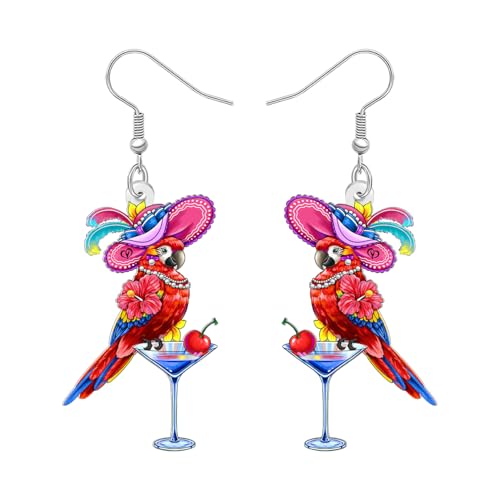 NEWEI Acryl Niedliche Hawaii Tropische Papagei Ohrringe Hängende für Damen Mädchen Lustiger Vogel mit Blume Ohrringe Sommerschmuck Geschenke für Vogelliebhaber Zubehör (Rot) von NEWEI
