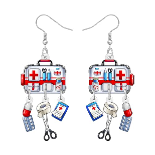 NEWEI Acryl niedlich Krankenschwester Ohrringe Hängend Erste-Hilfe-Kit Krankenpflege Graduierung Ohrringe Baumeln Anerkennung Schmuck Geschenke für Damen Mädchen Arzt RN (Weiß) von NEWEI