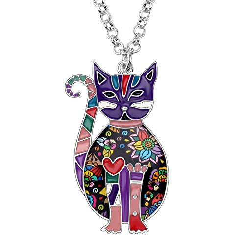 NEWEI Cute Emaille Kette Katze Halskette Katzen Anhänger Floral Schmuck Katze Geschenke für Damen Frauen Mädchen (Violett) von NEWEI