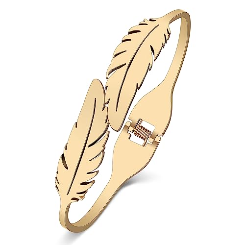 NEWEI Cute Feder Manschette Armband Armreif Edelstahl 18K Vergoldet Feder Armbänder Lucky Plumas Charms Für Damen Damen Mädchen (18k Gold Plattiert) von NEWEI