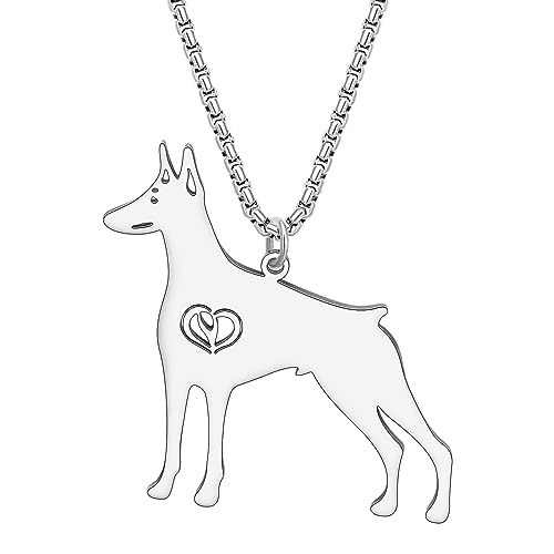 NEWEI Cute Halskette Hund Anhänger 18K Gold Plattiert Edelstahl Mode Haustier Hundeschmuck Geschenke Für Frauen Mädchen Hund Mama Einstellbar Charms (Dobermann Pinscher Versilbert) von NEWEI