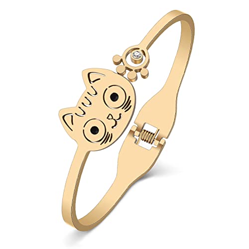 NEWEI Cute Katze Armband Katzen Manschette Armreif 18K Gold Edelstahl Cat Armbänder für Damen Mädchen Schmuck Geschenke Charms (Katze B Gold) von NEWEI