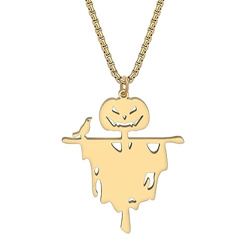 NEWEI Dainty 18k Gold Plattiert Edelstahl Totenkopf Halskette Sarg Anhänger Skull Ketten Deko Schmuck Für Damen Mädchen Halloween Weihnachten (Kürbis Vogelscheuche Gold) von NEWEI