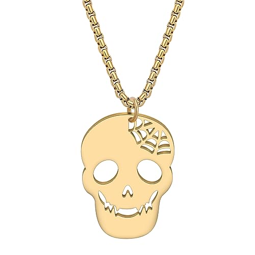 NEWEI Dainty 18k Gold Plattiert Edelstahl Totenkopf Halskette Sarg Anhänger Skull Ketten Deko Schmuck Für Damen Mädchen Halloween Weihnachten (Totenkopf Gold Plattierte E) von NEWEI