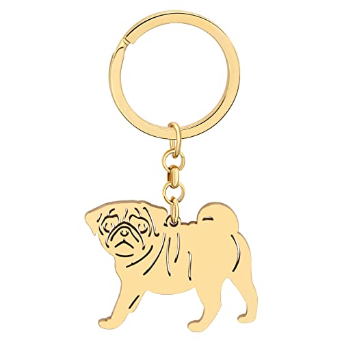 NEWEI Edelstahl Hund Schlüsselanhänger Cute Pet Hund Schlüsselanhänger für Frauen Mädchen Geldbörse Autoschlüssel Charms (Gold Plated Mops) von NEWEI