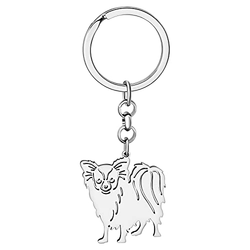 NEWEI Edelstahl Hund Schlüsselanhänger Cute Pet Hund Schlüsselanhänger für Frauen Mädchen Geldbörse Autoschlüssel Charms (Versilbert Papillon) von NEWEI