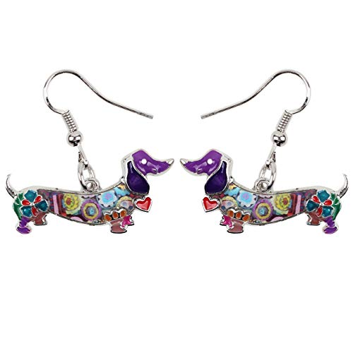 NEWEI Emaille Dackel Geschenke Cute Dackel Hund Ohrringe Dangle Tier Schmuck Für Damen Mädchen Hundebesitzer Charms (Lila) von NEWEI