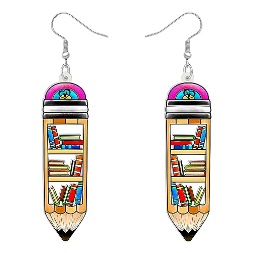 NEWEI Spaß Lehrer Ohrringe Zurück Zu Schule Anhänger Buch Apfel Schmuck Für Frauen Mädchen Kinder Bleistift Charms (Bleistift-Bücherregal) von NEWEI