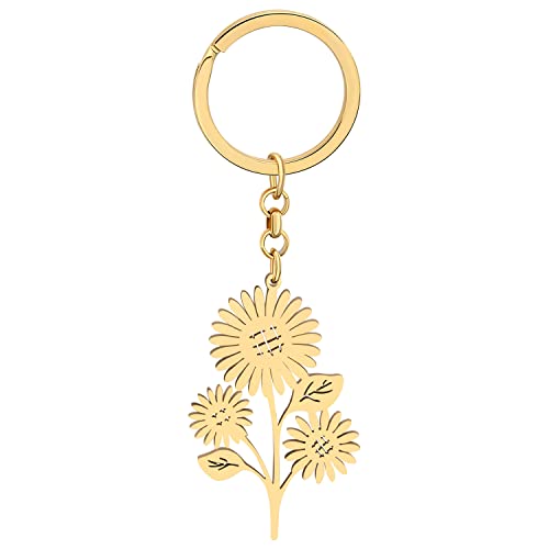 NEWEI Süß Sonnenblume Schlüsselanhänger Edelstahl Sonnenblume Anhänger für Frauen Mädchen Handtasche Autoschlüssel Charms (Vergoldet) von NEWEI