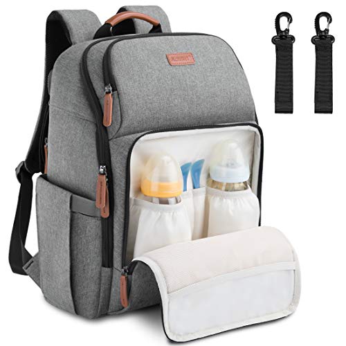 NEWHEY Baby Wickelrucksack Wickeltasche Multifunktional Große Kapazität Babytasche Reiserucksack und 2 Kinderwagen Gurten für Unterwegs 28L Grau von NEWHEY