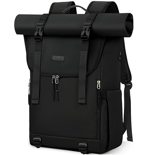 NEWHEY Rolltop Rucksack Herren Damen Wasserdicht Schulrucksack Groß Laptop Rucksack 17,3 Zoll Reiserucksack Daypacks für Uni Arbeit Reisen Freizeit Schwarz von NEWHEY
