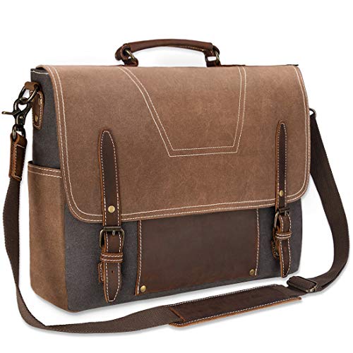 NEWHEY Umhängetasche Herren Aktentasche laptoptasche Leder Wasserdichte Canvas Messenger Bag Arbeitstasche Groß Vintage Schultertasche Notebooktasche 15.6 Zoll Braun von NEWHEY
