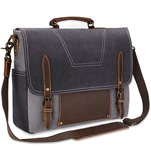 NEWHEY Umhängetasche Herren Aktentasche laptoptasche Leder Wasserdichte Canvas Messenger Bag Arbeitstasche Groß Vintage Schultertasche Notebooktasche 15.6 Zoll Grau von NEWHEY