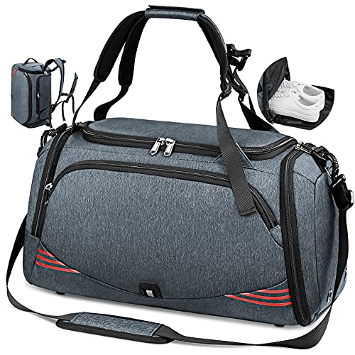 NEWHEY Sporttasche Reisetasche mit Schuhfach Groß 40L 65L Trainingstasche Gym Fitness Sport Tasche mit Rucksack-Funktion Handgepäck Weekender Bag Herren Damen - Grau-Blau von NEWHEY