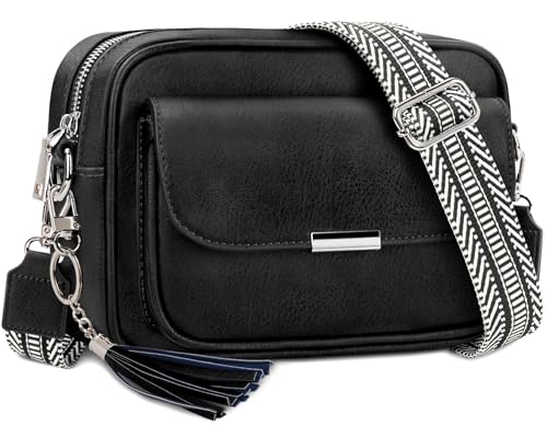 NEWIROVE Crossbody Bag Damen Leder Umhängetasche Damen Mittelgroß Handtasche Schwarz mit Breitem Gurt Verstelbaar Schultertasche Damen Mit Fransen Für den Einkauf Auf Reisen Casual， Schwarz von NEWIROVE