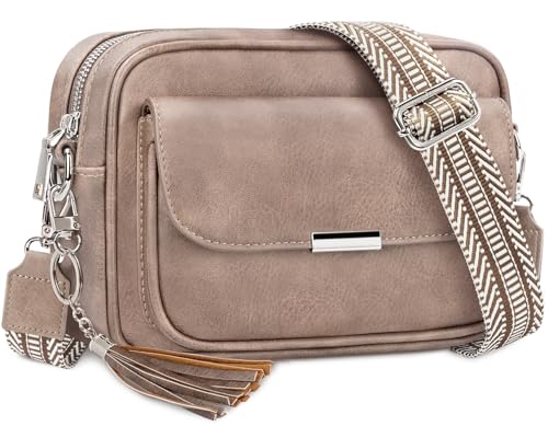NEWIROVE Crossbody Bag Damen Leder Umhängetasche Damen Mittelgroß Handtasche Schwarz mit Breitem Gurt Verstelbaar Schultertasche Damen Mit Fransen Für den Einkauf Auf Reisen Casual，Aprikose von NEWIROVE