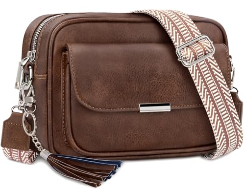 NEWIROVE Crossbody Bag Damen Leder Umhängetasche Damen Mittelgroß Handtasche Schwarz mit Breitem Gurt Verstelbaar Schultertasche Damen Mit Fransen Für den Einkauf Auf Reisen Casual，Dunkelbraun von NEWIROVE