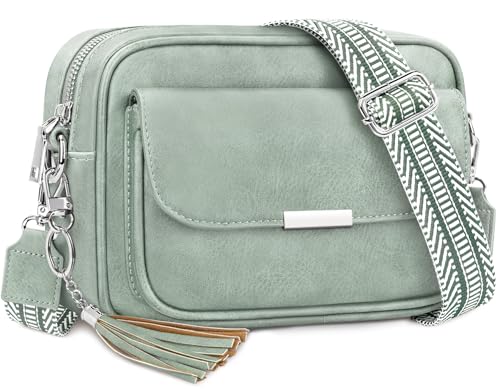NEWIROVE Crossbody Bag Damen Leder Umhängetasche Damen Mittelgroß Handtasche Schwarz mit Breitem Gurt Verstelbaar Schultertasche Damen Mit Fransen Für den Einkauf Auf Reisen Casual，Grün von NEWIROVE