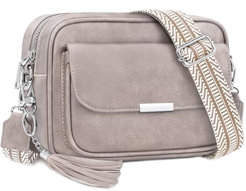 NEWIROVE Crossbody Bag Damen Leder Umhängetasche Damen Mittelgroß Handtasche Schwarz mit Breitem Gurt Verstelbaar Schultertasche Mit Fransen Für den Einkauf Auf Reisen,Heller Ton von NEWIROVE