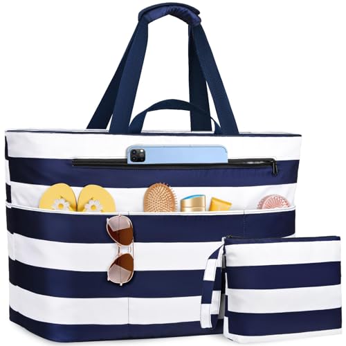 NEWIROVE Strandtasche XXL Familie, Extra Groß Strandtasche Mit Reißverschluss Faltbare Badetasche Damen Wasserdicht Tote Bag Damen Herren Beach Bag Für Strand, Reisen, Urlaub. 50L, Blau-Weiß Streifen von NEWIROVE