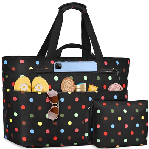 NEWIROVE Strandtasche XXL Familie, Extra Groß Strandtasche Mit Reißverschluss Faltbare Badetasche Damen Wasserdicht Tote Bag Damen Herren Beach Bag Für Strand, Reisen, Urlaub. 50L, Bunte Punkte von NEWIROVE