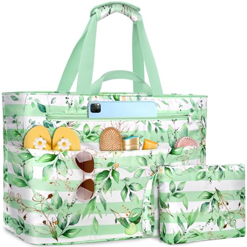 NEWIROVE Strandtasche XXL Familie, Extra Groß Strandtasche Mit Reißverschluss Faltbare Badetasche Damen Wasserdicht Tote Bag Damen Herren Beach Bag Für Strand, Reisen, Urlaub. 50L, Grün Gestreift von NEWIROVE