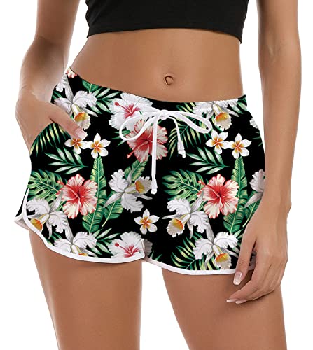 NEWISTAR Badehose Damen High Waist Locker Sommer Kurze Badeshort 3D Bunt Blume Druck Hawaii Strand Shorts Schnell Trocknendes UV Sport Badehose Gym Boardshorts mit Taschen,L,44-46 von NEWISTAR