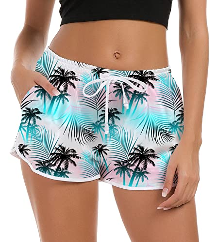 NEWISTAR Badehose Damen High Waist Locker Sommer Kurze Badeshort 3D Bunt Palme Druck Hawaii Strand Shorts Schnell Trocknendes UV Sport Badehose Gym Boardshorts mit Taschen,L,44-46 von NEWISTAR