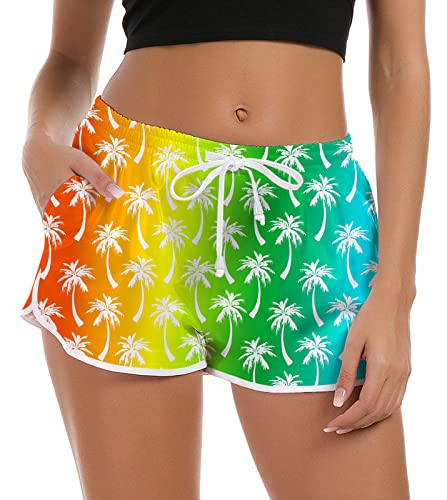 NEWISTAR Badehose Damen High Waist Locker Sommer Kurze Badeshort 3D Palme Druck Hawaii Strand Shorts Schnell Trocknendes UV Sport Badehose Gym Boardshorts mit Taschen,S,36-38,Verfärbende von NEWISTAR