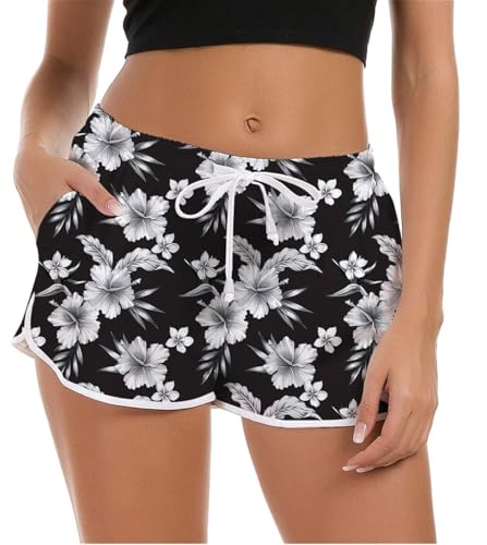 NEWISTAR Badehose Damen High Waist Locker Sommer Kurze Badeshort 3D Blume Druck Hawaii Strand Shorts Schnell Trocknendes UV Sport Sommerhose Gym Boardshorts mit Taschen,M,40-42,Schwarz von NEWISTAR