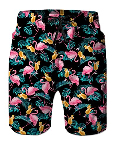 NEWISTAR Badehose Herren Lang Freizeit Hawaii Strand Badeshorts Männer Sommer Schnelltrocknend Shorts 3D Flamingo Druck Coole Schwimmhose Shorts mit Kordelzug Bunt XXL von NEWISTAR