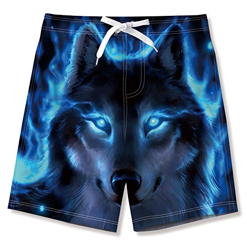 NEWISTAR Badehose Jungen Kinder Badeshorts Lustig 3D Wolf Muster Boarshorts Sommer Schnelltrocknend Badeshorts Hawaii Strand Surf Schwimmhose Urlaub Short Kurze Blau 14-16 Jahre von NEWISTAR