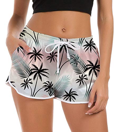 NEWISTAR Badehose Damen High Waist Locker Sommer Kurze Badeshort 3D Palme Druck Strand Shorts Schnell Trocknendes UV Sport Swimwear Gym Boardshorts mit Taschen,L,44-46,Weiss von NEWISTAR