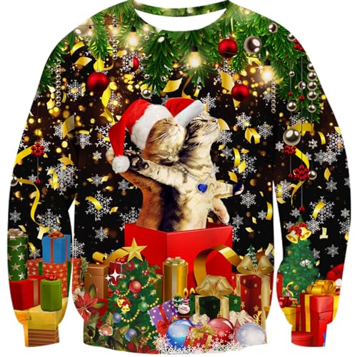 NEWISTAR Herren Ugly Christmas Sweater 3D Titanische Katze Druck Weihnachtspullover Damen Pullover Hässlich Weihnachten Witzig Tops Unisex Bunte L von NEWISTAR