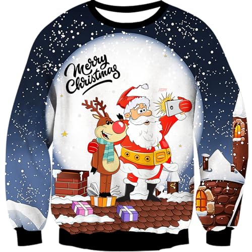 NEWISTAR Herren Weihnachtspullover Männer Pullover 3D Witzig Weihnachtsmann Gedruckt Unisex Weihnachten Jumper Weihnachtspulli Bleu Hässlich Sweatshirts XL von NEWISTAR