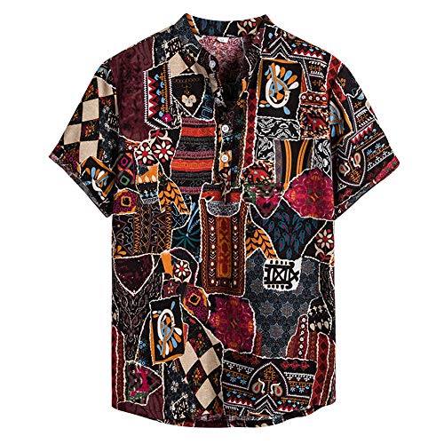 NEWISTAR Leinenhemd Herren Kurzarm Sommerhemd Henley Hemd Kuba für Männer Stehkragen Casual Slim Fit Freizeithemd Baumwolle Muster Hemden Retro Hawaiihemd Braun,XXL von NEWISTAR