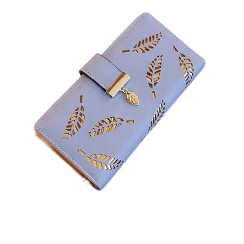 NEWNAN Damen-Geldbörse, PU-Leder, Lange Geldbörse, goldfarben, Hohle Blätter, Damen-Münzkartenhalter, Clutch-Handtasche (Farbe: Blau, Größe: 9,5 x 18,5 cm) von NEWNAN