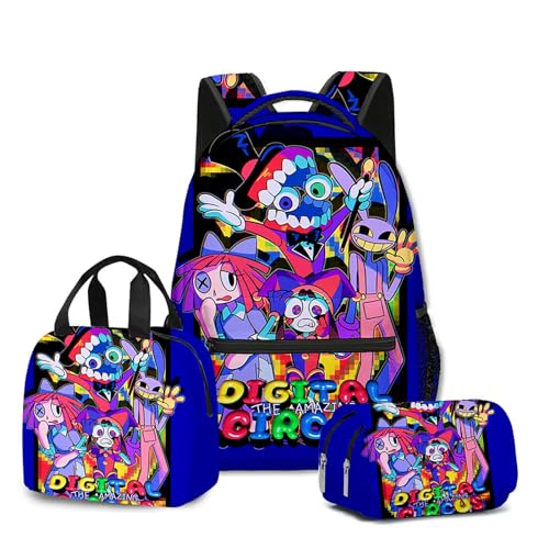 NEWOK Anime gedruckte Pomni und Jax Kinder Rucksack Sets, Schulrucksack Lunch Bag Stift Tasche Schultaschen Sets. (Color10,Schoolbag) von NEWOK