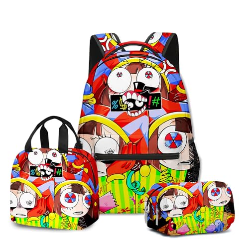 NEWOK Anime gedruckte Pomni und Jax Kinder Rucksack Sets, Schulrucksack Lunch Bag Stift Tasche Schultaschen Sets. (Color12,Lunch Bag) von NEWOK