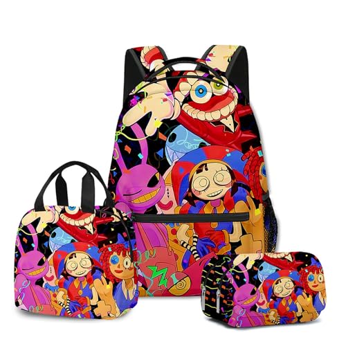 NEWOK Anime gedruckte Pomni und Jax Kinder Rucksack Sets, Schulrucksack Lunch Bag Stift Tasche Schultaschen Sets. (Color15,Setsx3) von NEWOK