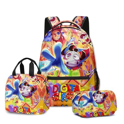 NEWOK Anime gedruckte Pomni und Jax Kinder Rucksack Sets, Schulrucksack Lunch Bag Stift Tasche Schultaschen Sets. (Color21,Schoolbag) von NEWOK