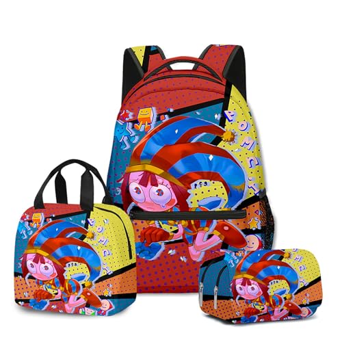 NEWOK Anime gedruckte Pomni und Jax Kinder Rucksack Sets, Schulrucksack Lunch Bag Stift Tasche Schultaschen Sets. (Color22,Pencil case) von NEWOK