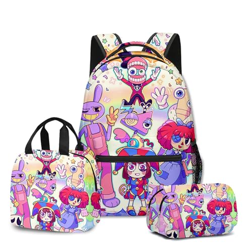 NEWOK Anime gedruckte Pomni und Jax Kinder Rucksack Sets, Schulrucksack Lunch Bag Stift Tasche Schultaschen Sets. (Color26,Setsx3) von NEWOK
