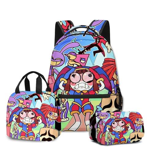 NEWOK Anime gedruckte Pomni und Jax Kinder Rucksack Sets, Schulrucksack Lunch Bag Stift Tasche Schultaschen Sets. (Color27,Schoolbag) von NEWOK