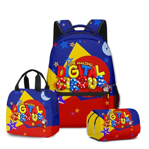 NEWOK Anime gedruckte Pomni und Jax Kinder Rucksack Sets, Schulrucksack Lunch Bag Stift Tasche Schultaschen Sets. (Color4,Schoolbag) von NEWOK