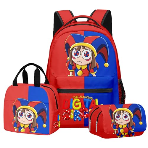 NEWOK Pomni Und Jax Doppelschichtige Schultasche Sets, Bleistifttasche, Lunch Bag, Rucksack, 3-teiliger Kinder Schulrucksack. (Color1,40x30x17cm) von NEWOK
