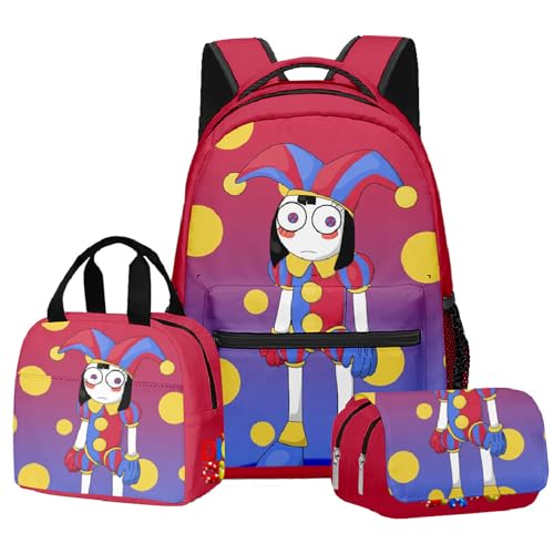 NEWOK Pomni Und Jax Doppelschichtige Schultasche Sets, Bleistifttasche, Lunch Bag, Rucksack, 3-teiliger Kinder Schulrucksack. (Color14,40x30x17cm) von NEWOK
