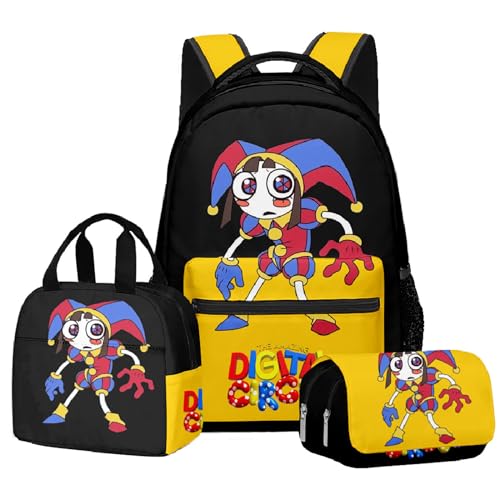 NEWOK Pomni Und Jax Doppelschichtige Schultasche Sets, Bleistifttasche, Lunch Bag, Rucksack, 3-teiliger Kinder Schulrucksack. (Color16,40x30x17cm) von NEWOK